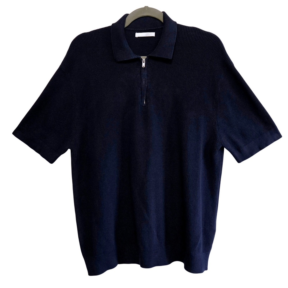 Zara Navy Blue 100% Cotton Ribbed Quarter Zip Short Sleeve Knit Polo Sweater L